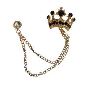 Gold Tone Crown Brooch Lapel Pin Black Gemstones Dual Chain Attachment Stud
